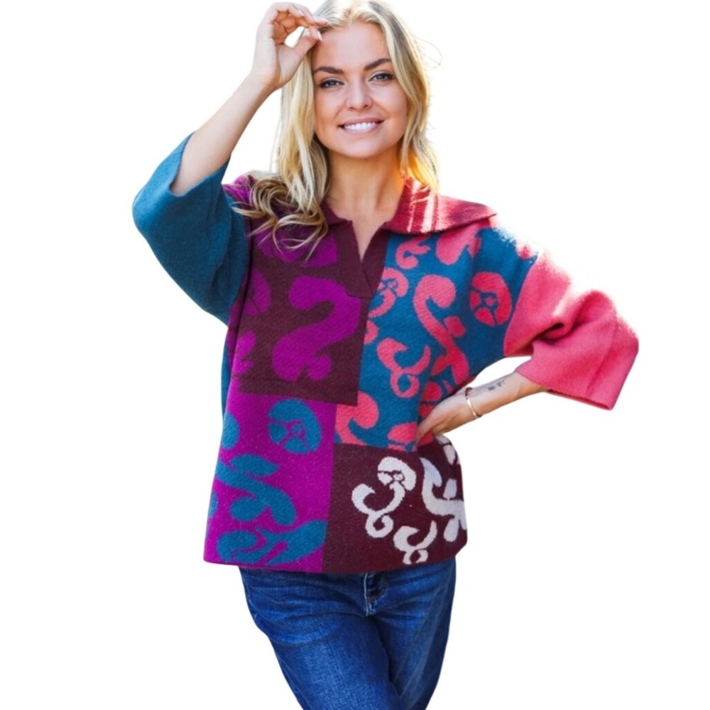 Entro Patchwork Pullover Sweater 3/4 Sleeve Bold … - image 4
